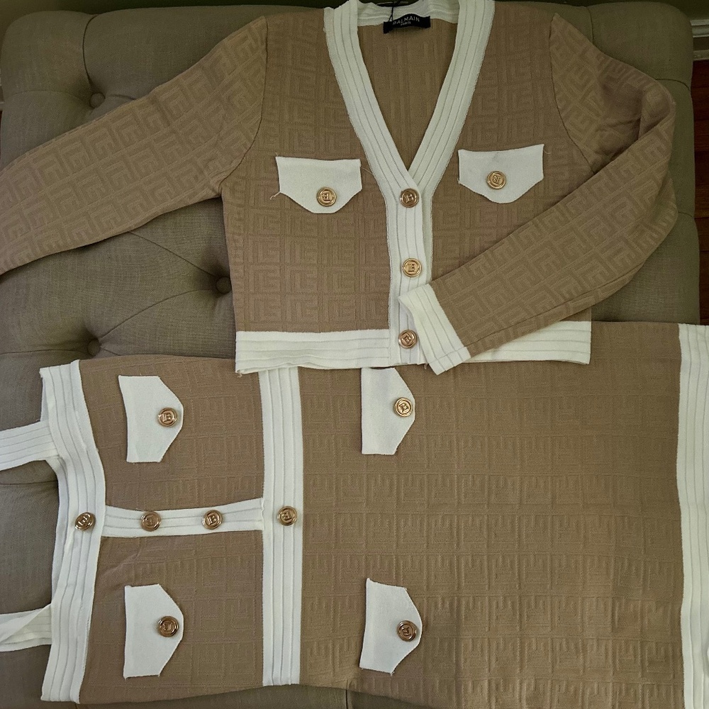 COPY - Beige and White Knit Jumper Mini Dress with Jacket